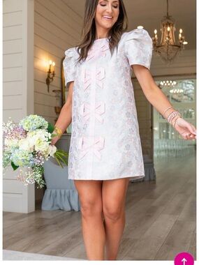 Women's Pink Floral Jacquard Mini Dress with Bow Details